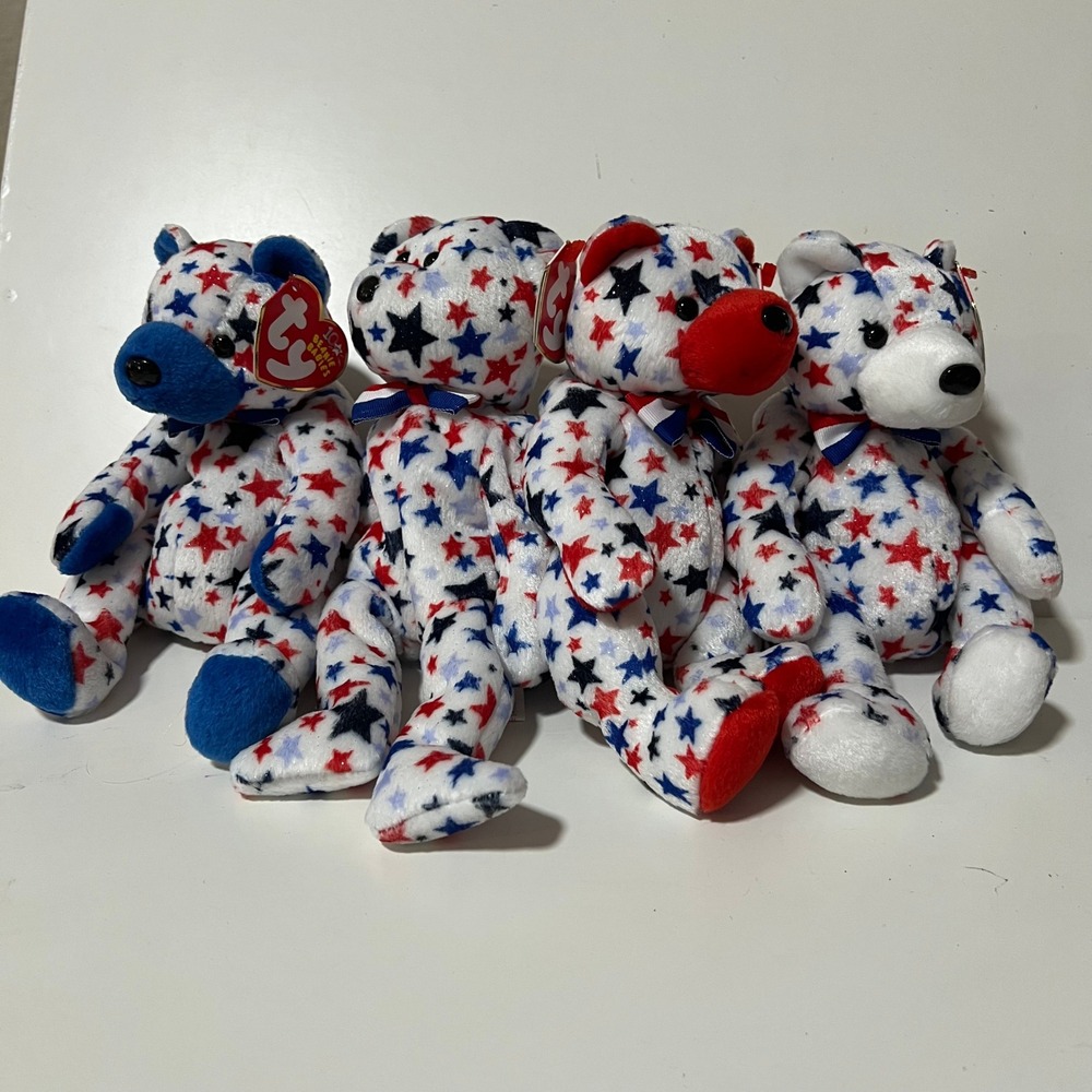 Ty Beanie Babies 10th Anniversary Patriotic Bears Red White Blue Set of 4 2003